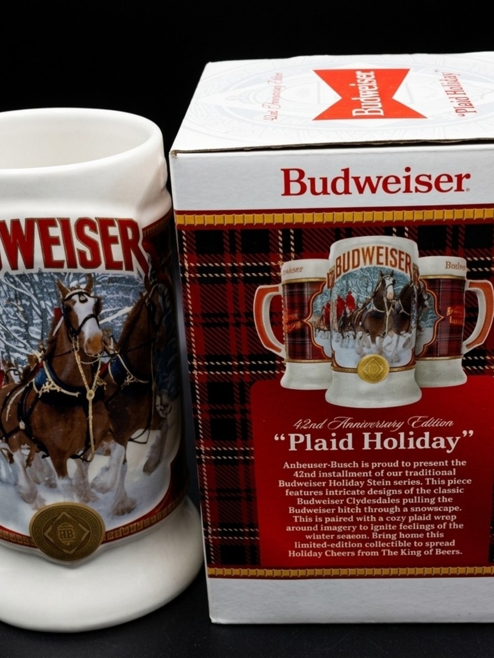 Budweiser Red, White and Gold Plaid Holiday Ceramic Stein